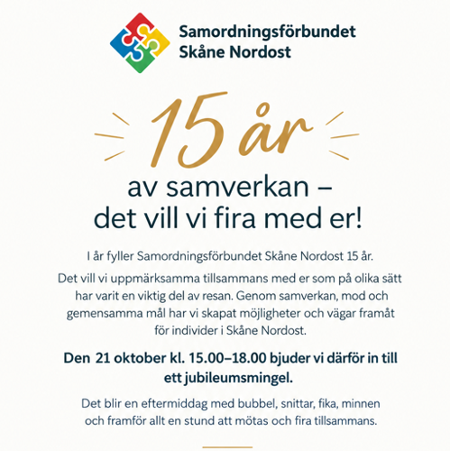 Inbjudan till 15 år firande i Samordningsförbundet Skåne Nordost